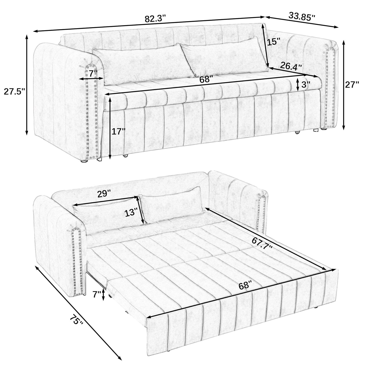 82.3'' Velvet 3 Seater Sofa with Rolled Arms, Pull-Out Queen Bed, Two Drawers and Two Pillows