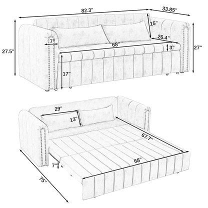 82.3'' Velvet 3 Seater Sofa with Rolled Arms, Pull-Out Queen Bed, Two Drawers and Two Pillows