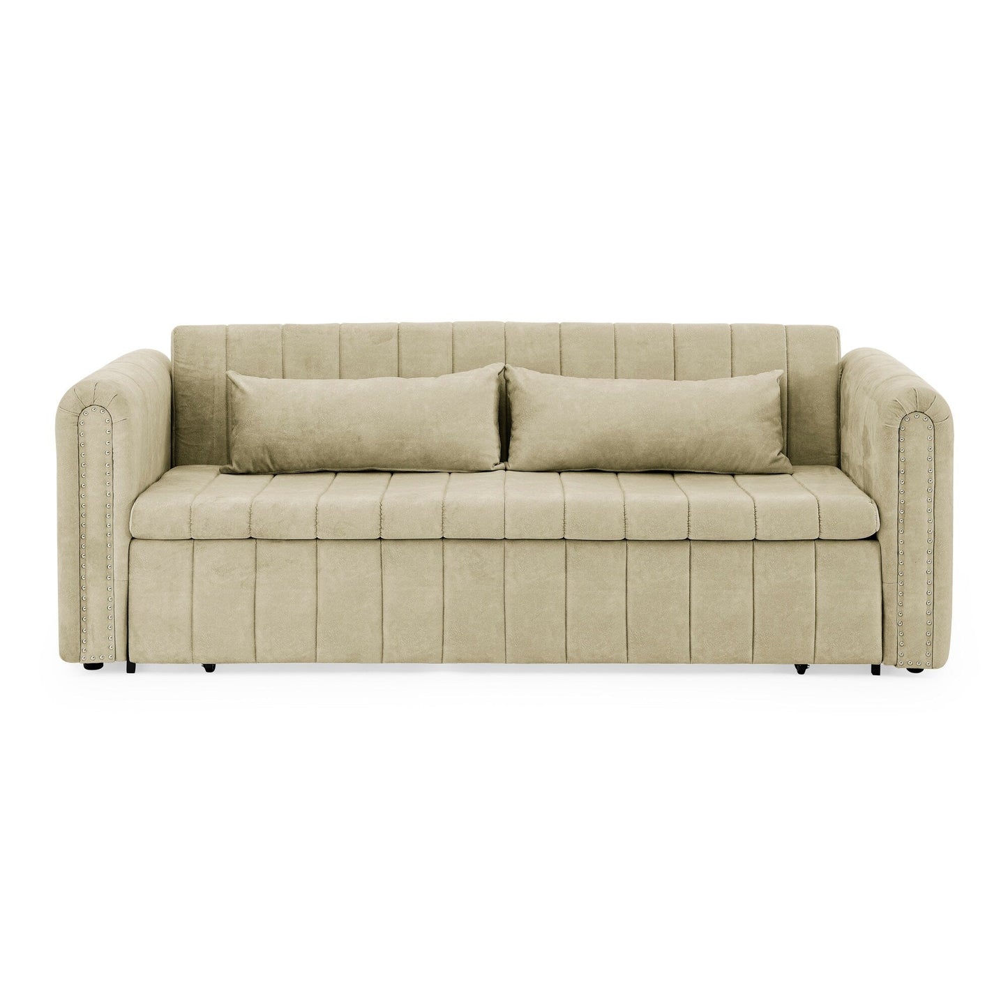 82.3'' Velvet 3 Seater Sofa with Rolled Arms, Pull-Out Queen Bed, Two Drawers and Two Pillows