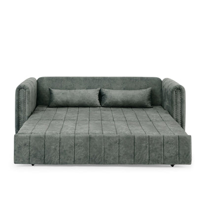 82.3'' Velvet 3 Seater Sofa with Rolled Arms, Pull-Out Queen Bed, Two Drawers and Two Pillows