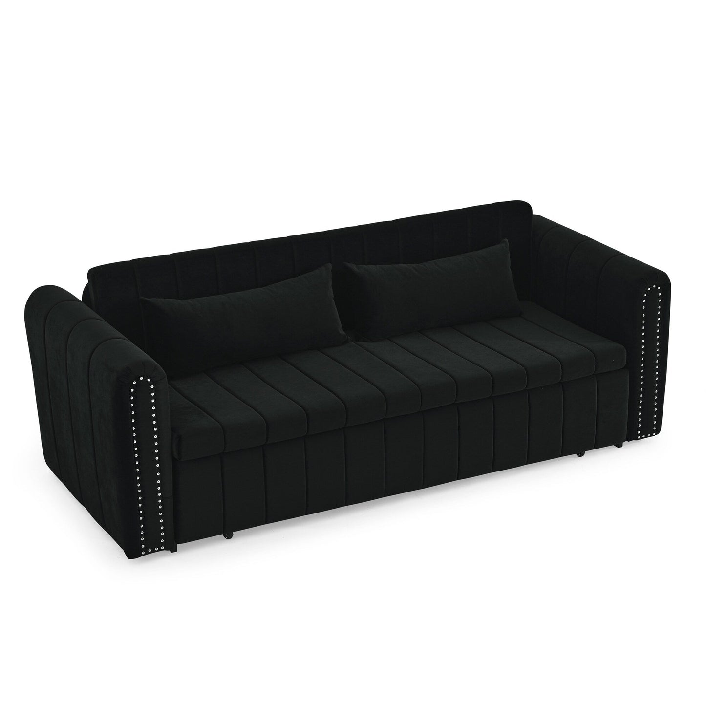 82.3'' Velvet 3 Seater Sofa with Rolled Arms, Pull-Out Queen Bed, Two Drawers and Two Pillows
