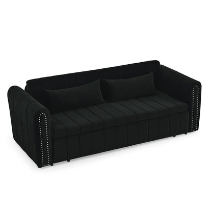 82.3'' Velvet 3 Seater Sofa with Rolled Arms, Pull-Out Queen Bed, Two Drawers and Two Pillows