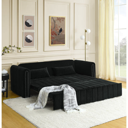82.3'' Velvet 3 Seater Sofa with Rolled Arms, Pull-Out Queen Bed, Two Drawers and Two Pillows