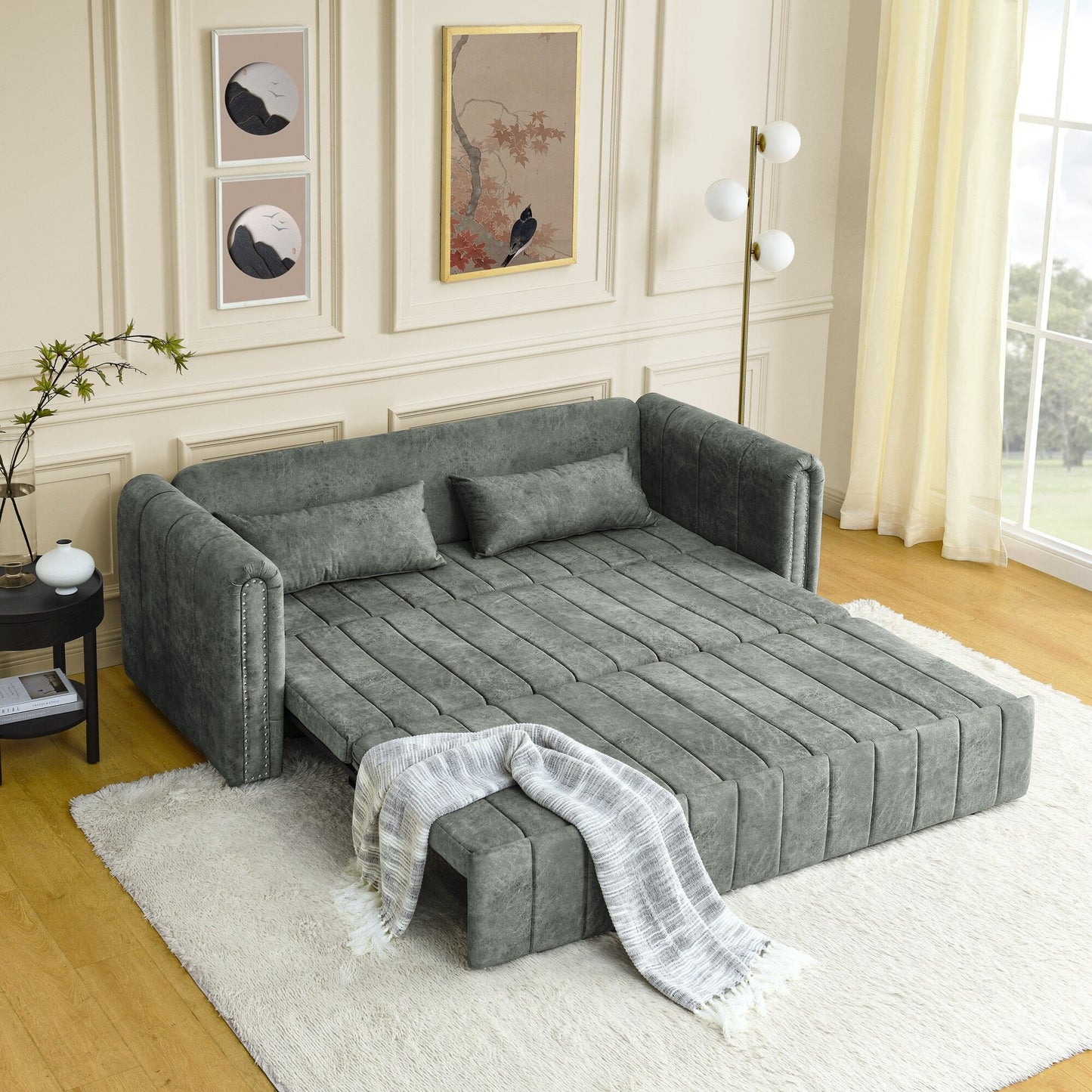 82.3'' Velvet 3 Seater Sofa with Rolled Arms, Pull-Out Queen Bed, Two Drawers and Two Pillows
