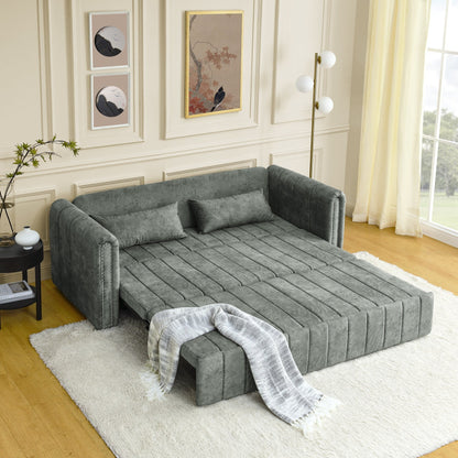 82.3'' Velvet 3 Seater Sofa with Rolled Arms, Pull-Out Queen Bed, Two Drawers and Two Pillows