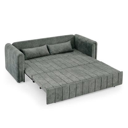 82.3'' Velvet 3 Seater Sofa with Rolled Arms, Pull-Out Queen Bed, Two Drawers and Two Pillows