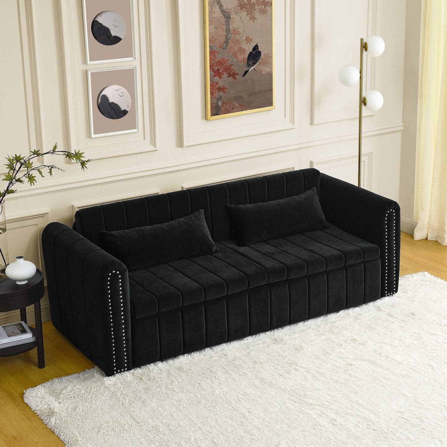 82.3'' Velvet 3 Seater Sofa with Rolled Arms, Pull-Out Queen Bed, Two Drawers and Two Pillows