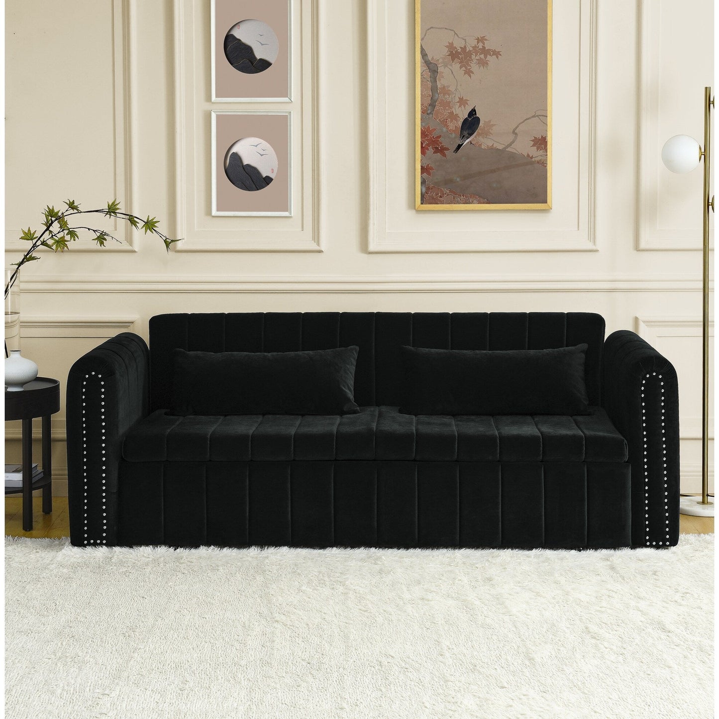 82.3'' Velvet 3 Seater Sofa with Rolled Arms, Pull-Out Queen Bed, Two Drawers and Two Pillows