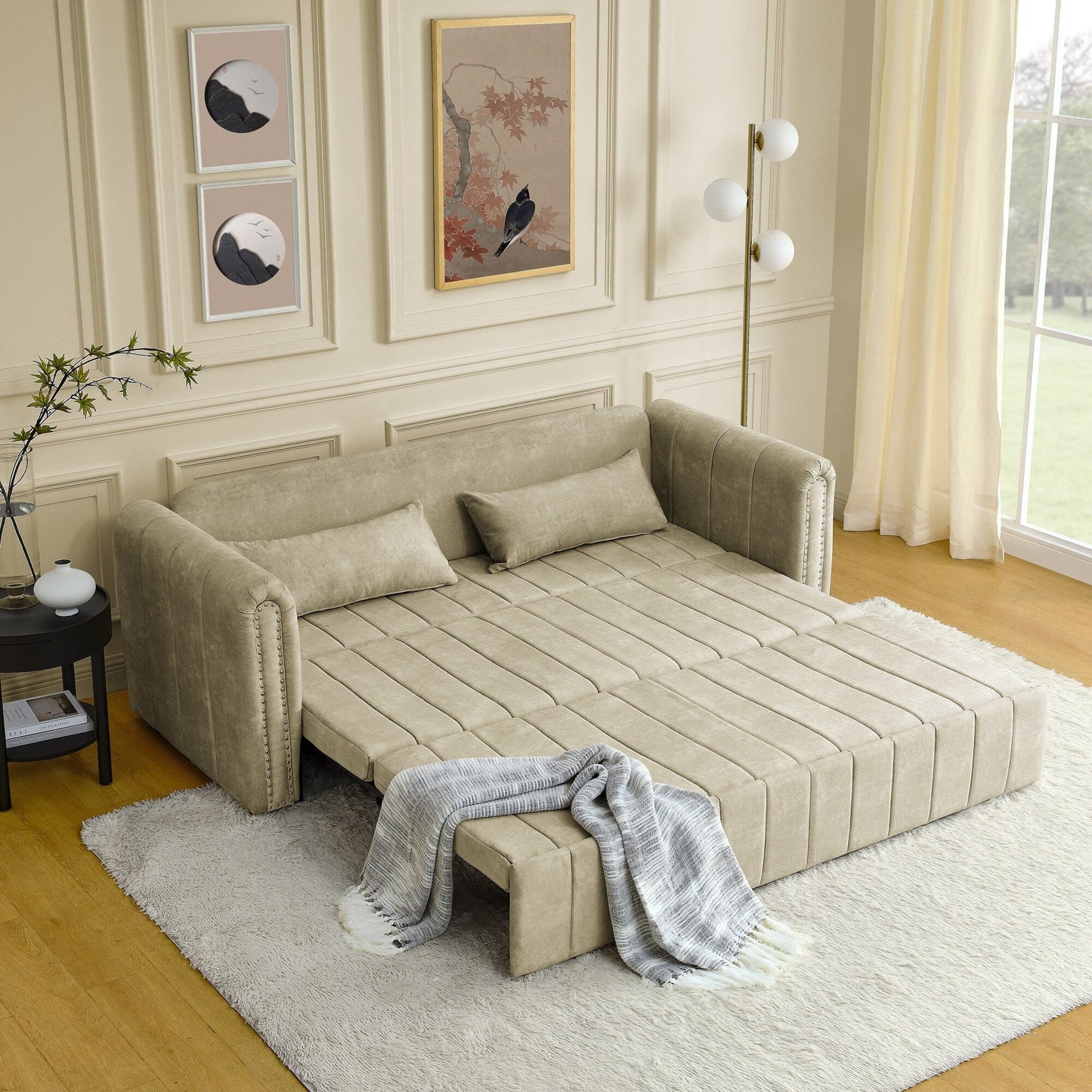 82.3'' Velvet 3 Seater Sofa with Rolled Arms, Pull-Out Queen Bed, Two Drawers and Two Pillows