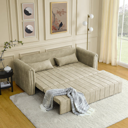 82.3'' Velvet 3 Seater Sofa with Rolled Arms, Pull-Out Queen Bed, Two Drawers and Two Pillows