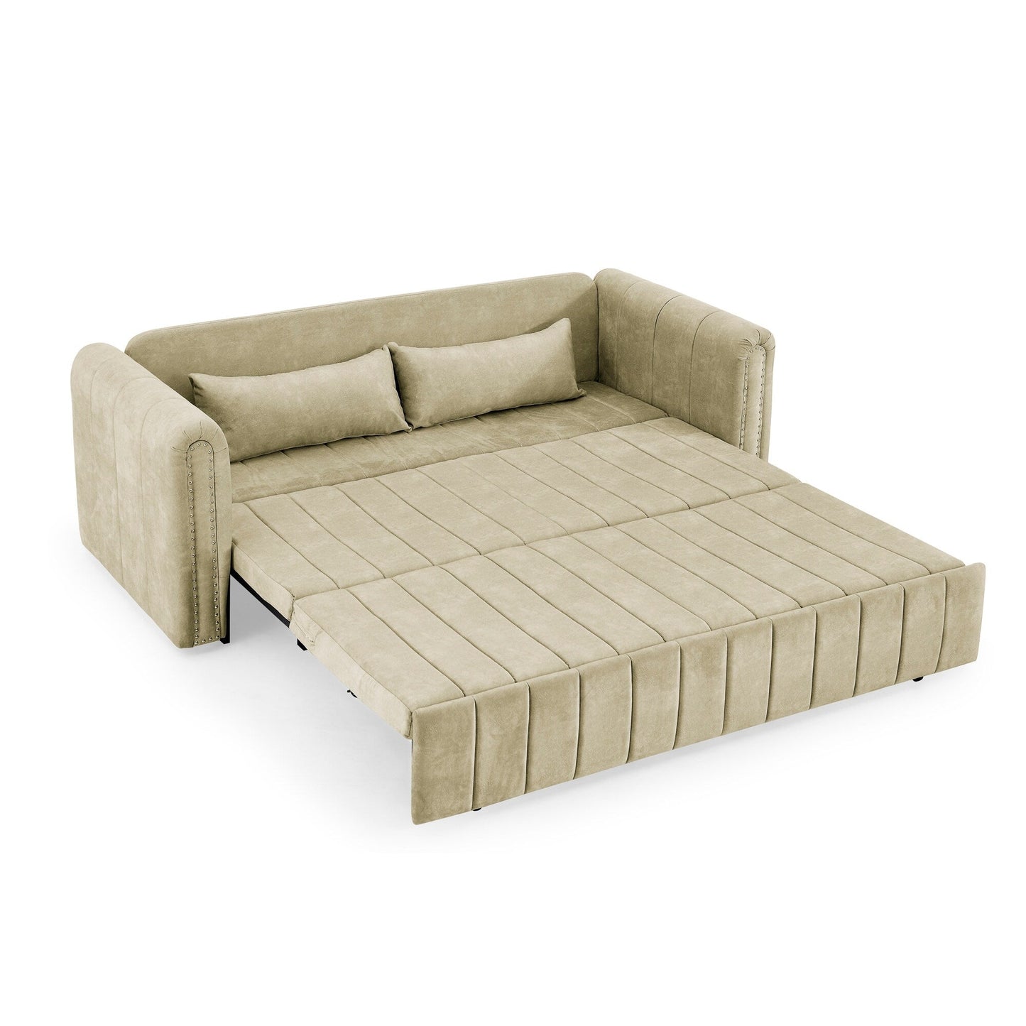 82.3'' Velvet 3 Seater Sofa with Rolled Arms, Pull-Out Queen Bed, Two Drawers and Two Pillows