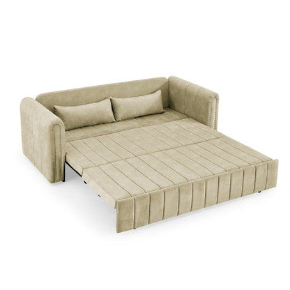 82.3'' Velvet 3 Seater Sofa with Rolled Arms, Pull-Out Queen Bed, Two Drawers and Two Pillows