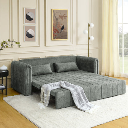 82.3'' Velvet 3 Seater Sofa with Rolled Arms, Pull-Out Queen Bed, Two Drawers and Two Pillows
