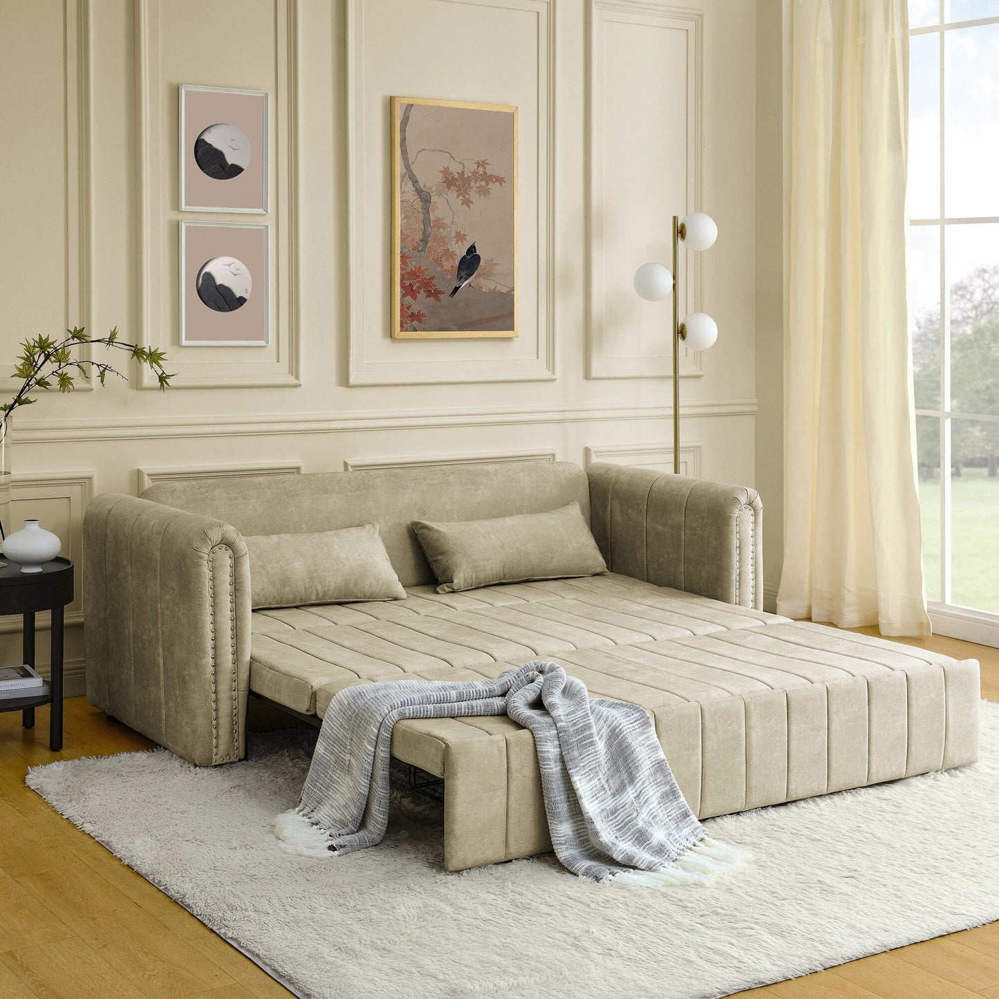 82.3'' Velvet 3 Seater Sofa with Rolled Arms, Pull-Out Queen Bed, Two Drawers and Two Pillows