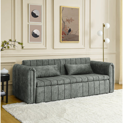 82.3'' Velvet 3 Seater Sofa with Rolled Arms, Pull-Out Queen Bed, Two Drawers and Two Pillows