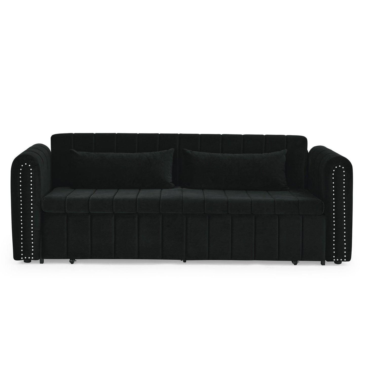 82.3'' Velvet 3 Seater Sofa with Rolled Arms, Pull-Out Queen Bed, Two Drawers and Two Pillows