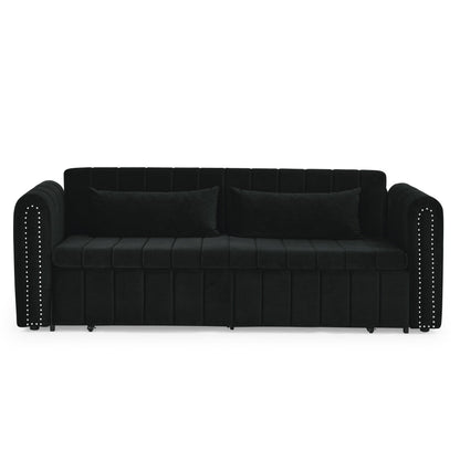 82.3'' Velvet 3 Seater Sofa with Rolled Arms, Pull-Out Queen Bed, Two Drawers and Two Pillows
