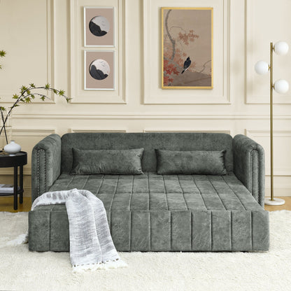 82.3'' Velvet 3 Seater Sofa with Rolled Arms, Pull-Out Queen Bed, Two Drawers and Two Pillows