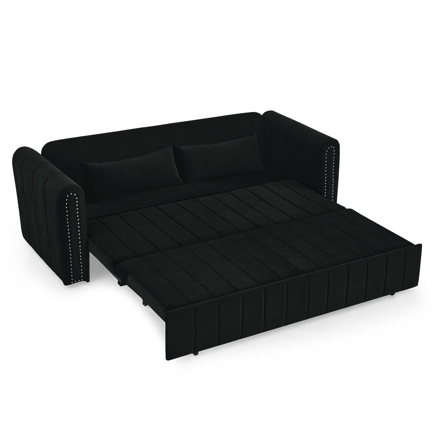 82.3'' Velvet 3 Seater Sofa with Rolled Arms, Pull-Out Queen Bed, Two Drawers and Two Pillows
