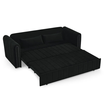 82.3'' Velvet 3 Seater Sofa with Rolled Arms, Pull-Out Queen Bed, Two Drawers and Two Pillows