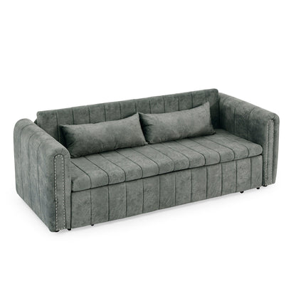 82.3'' Velvet 3 Seater Sofa with Rolled Arms, Pull-Out Queen Bed, Two Drawers and Two Pillows
