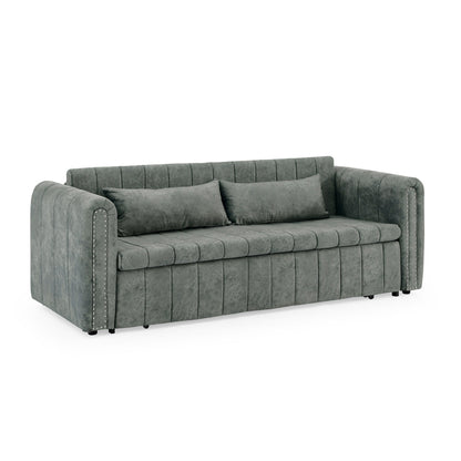 82.3'' Velvet 3 Seater Sofa with Rolled Arms, Pull-Out Queen Bed, Two Drawers and Two Pillows