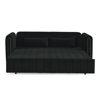 82.3'' Velvet 3 Seater Sofa with Rolled Arms, Pull-Out Queen Bed, Two Drawers and Two Pillows