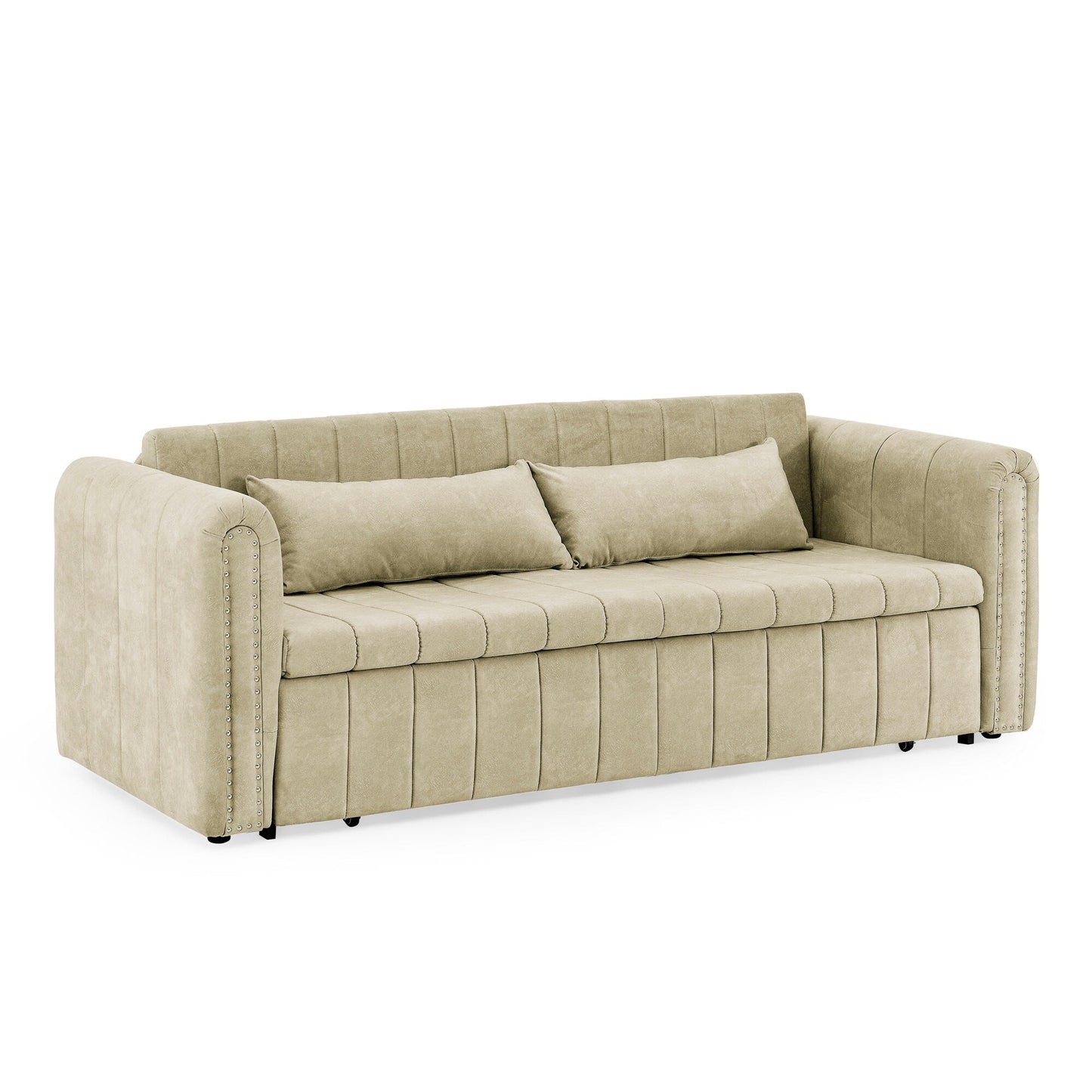 82.3'' Velvet 3 Seater Sofa with Rolled Arms, Pull-Out Queen Bed, Two Drawers and Two Pillows