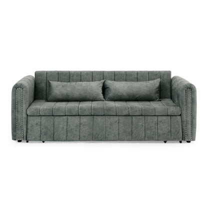 82.3'' Velvet 3 Seater Sofa with Rolled Arms, Pull-Out Queen Bed, Two Drawers and Two Pillows
