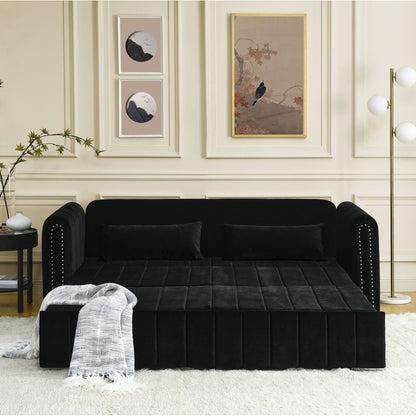 82.3'' Velvet 3 Seater Sofa with Rolled Arms, Pull-Out Queen Bed, Two Drawers and Two Pillows