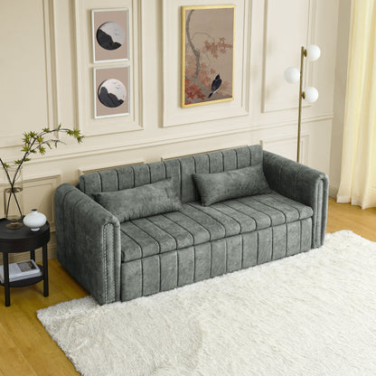 82.3'' Velvet 3 Seater Sofa with Rolled Arms, Pull-Out Queen Bed, Two Drawers and Two Pillows
