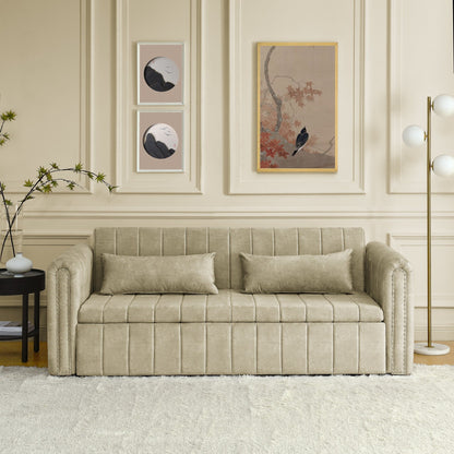 82.3'' Velvet 3 Seater Sofa with Rolled Arms, Pull-Out Queen Bed, Two Drawers and Two Pillows