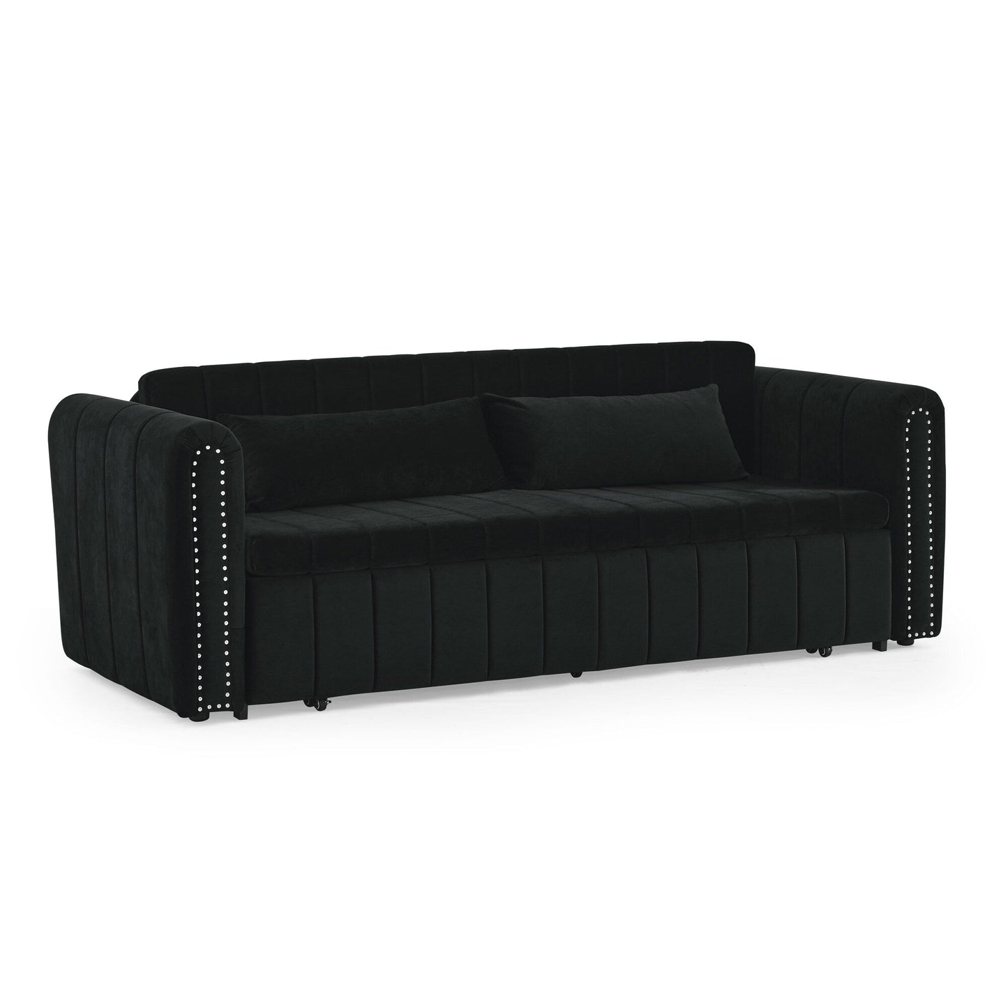 82.3'' Velvet 3 Seater Sofa with Rolled Arms, Pull-Out Queen Bed, Two Drawers and Two Pillows