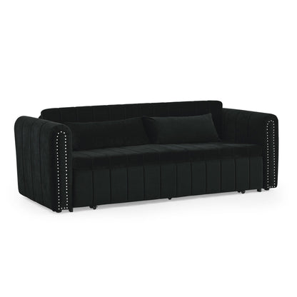 82.3'' Velvet 3 Seater Sofa with Rolled Arms, Pull-Out Queen Bed, Two Drawers and Two Pillows