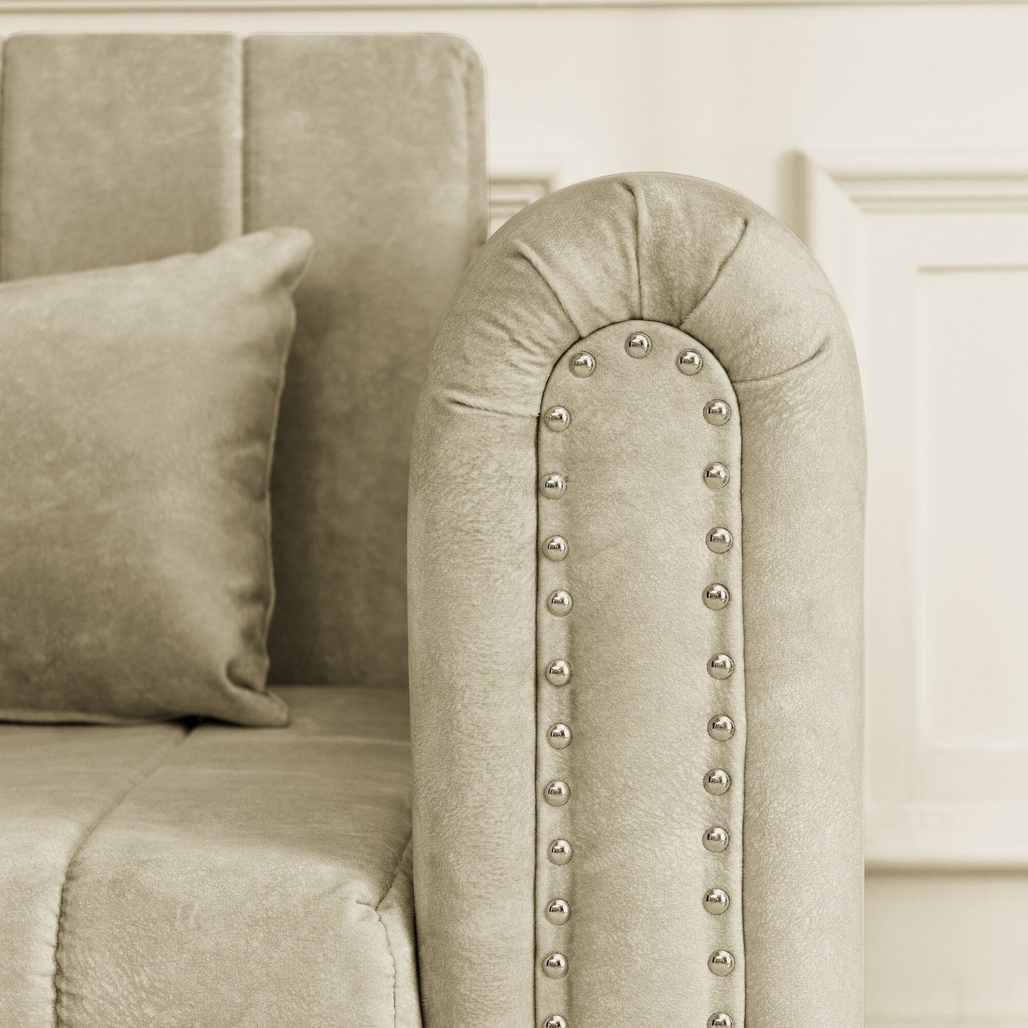 82.3'' Velvet 3 Seater Sofa with Rolled Arms, Pull-Out Queen Bed, Two Drawers and Two Pillows