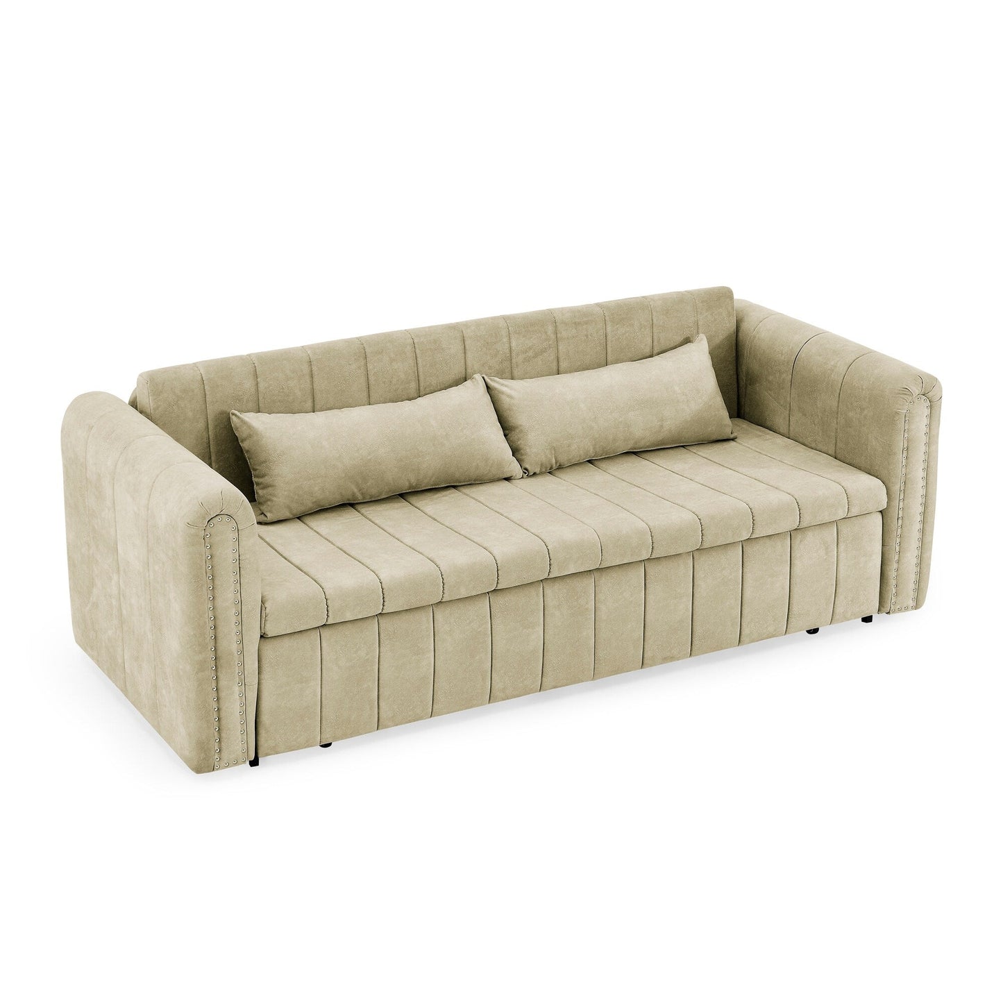 82.3'' Velvet 3 Seater Sofa with Rolled Arms, Pull-Out Queen Bed, Two Drawers and Two Pillows