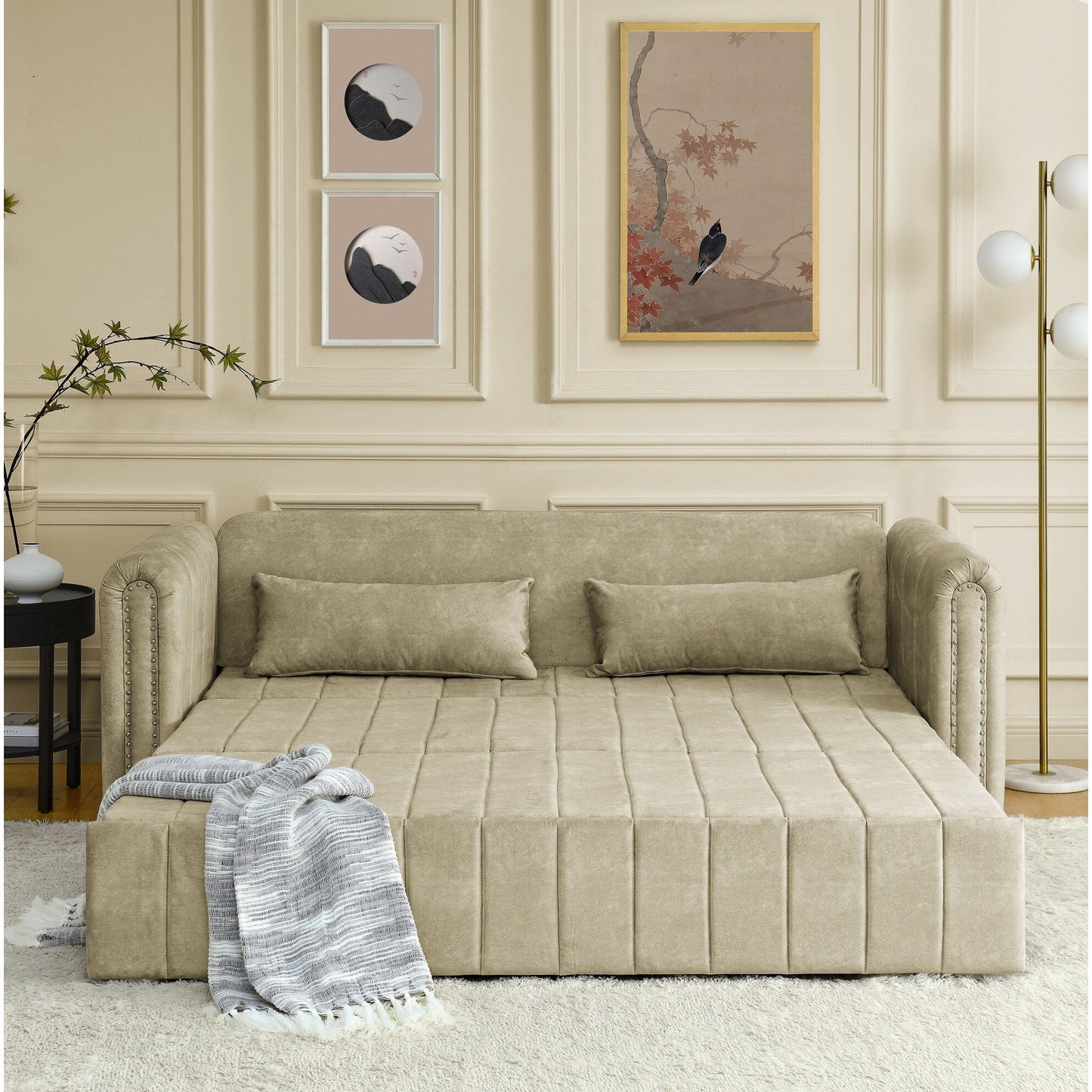 82.3'' Velvet 3 Seater Sofa with Rolled Arms, Pull-Out Queen Bed, Two Drawers and Two Pillows