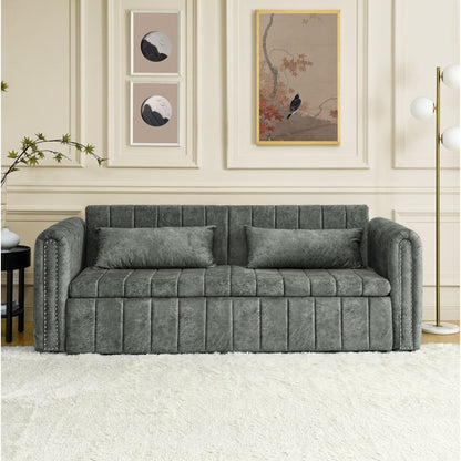 82.3'' Velvet 3 Seater Sofa with Rolled Arms, Pull-Out Queen Bed, Two Drawers and Two Pillows