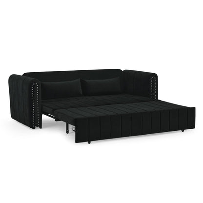 82.3'' Velvet 3 Seater Sofa with Rolled Arms, Pull-Out Queen Bed, Two Drawers and Two Pillows