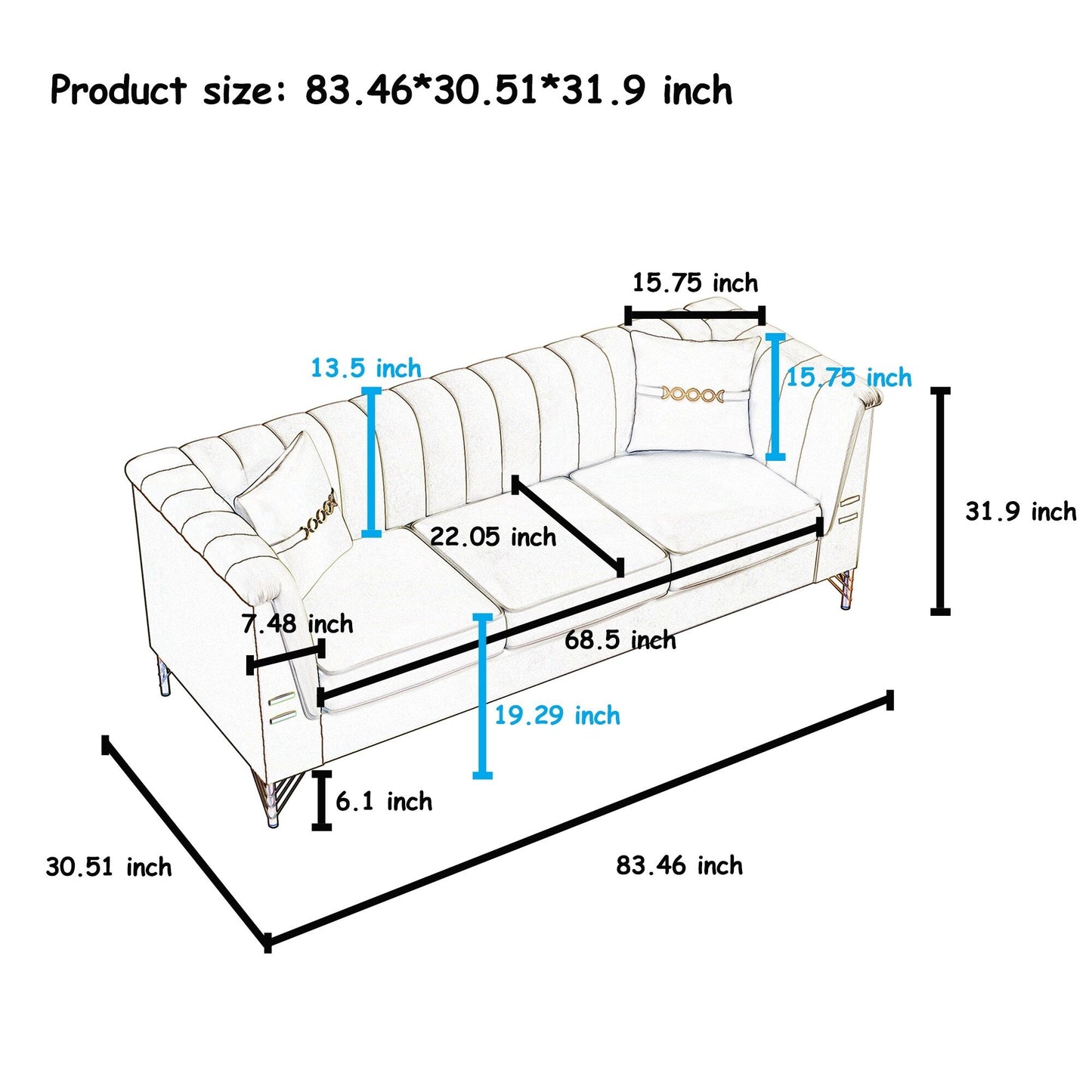 82.67 Modern Velvet 3-Seater Sofa, Vertical Channel Tufted Backrest, Gold Metal Legs, Chesterfield Style