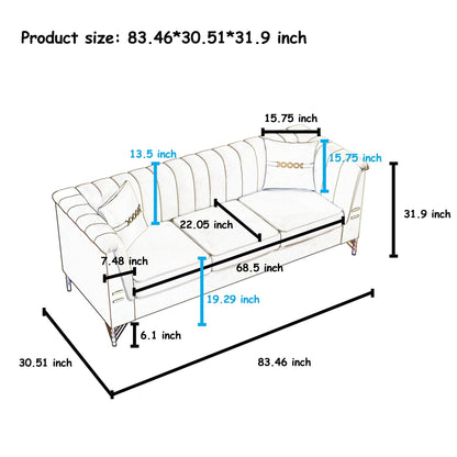 82.67 Modern Velvet 3-Seater Sofa, Vertical Channel Tufted Backrest, Gold Metal Legs, Chesterfield Style