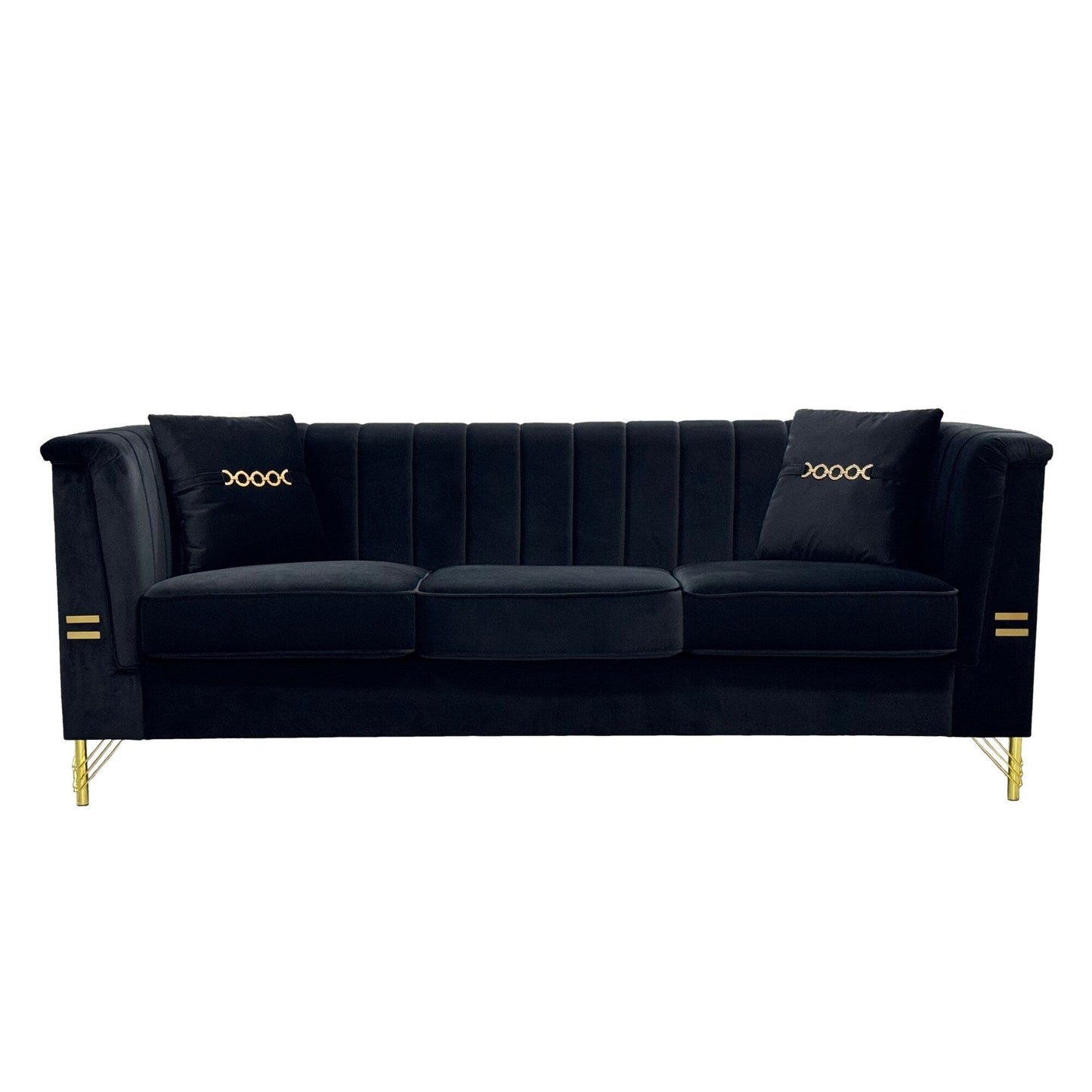 82.67 Modern Velvet 3-Seater Sofa, Vertical Channel Tufted Backrest, Gold Metal Legs, Chesterfield Style