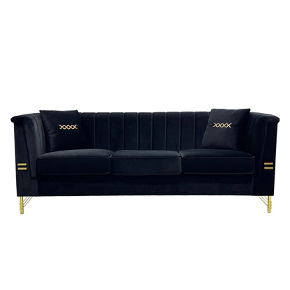 82.67 Modern Velvet 3-Seater Sofa, Vertical Channel Tufted Backrest, Gold Metal Legs, Chesterfield Style
