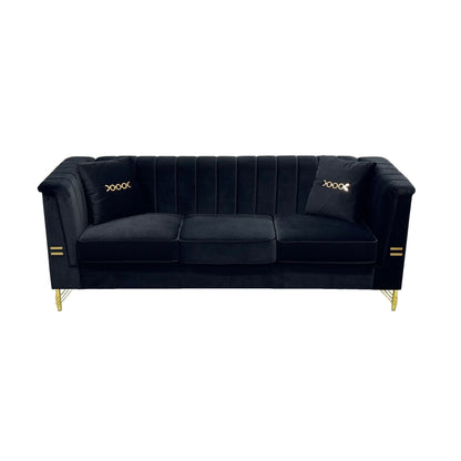 82.67 Modern Velvet 3-Seater Sofa, Vertical Channel Tufted Backrest, Gold Metal Legs, Chesterfield Style