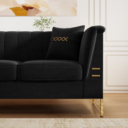 82.67 Modern Velvet 3-Seater Sofa, Vertical Channel Tufted Backrest, Gold Metal Legs, Chesterfield Style