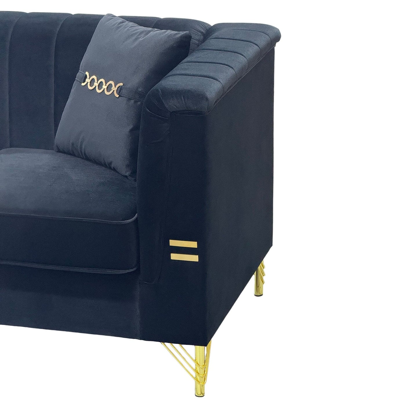 82.67 Modern Velvet 3-Seater Sofa, Vertical Channel Tufted Backrest, Gold Metal Legs, Chesterfield Style