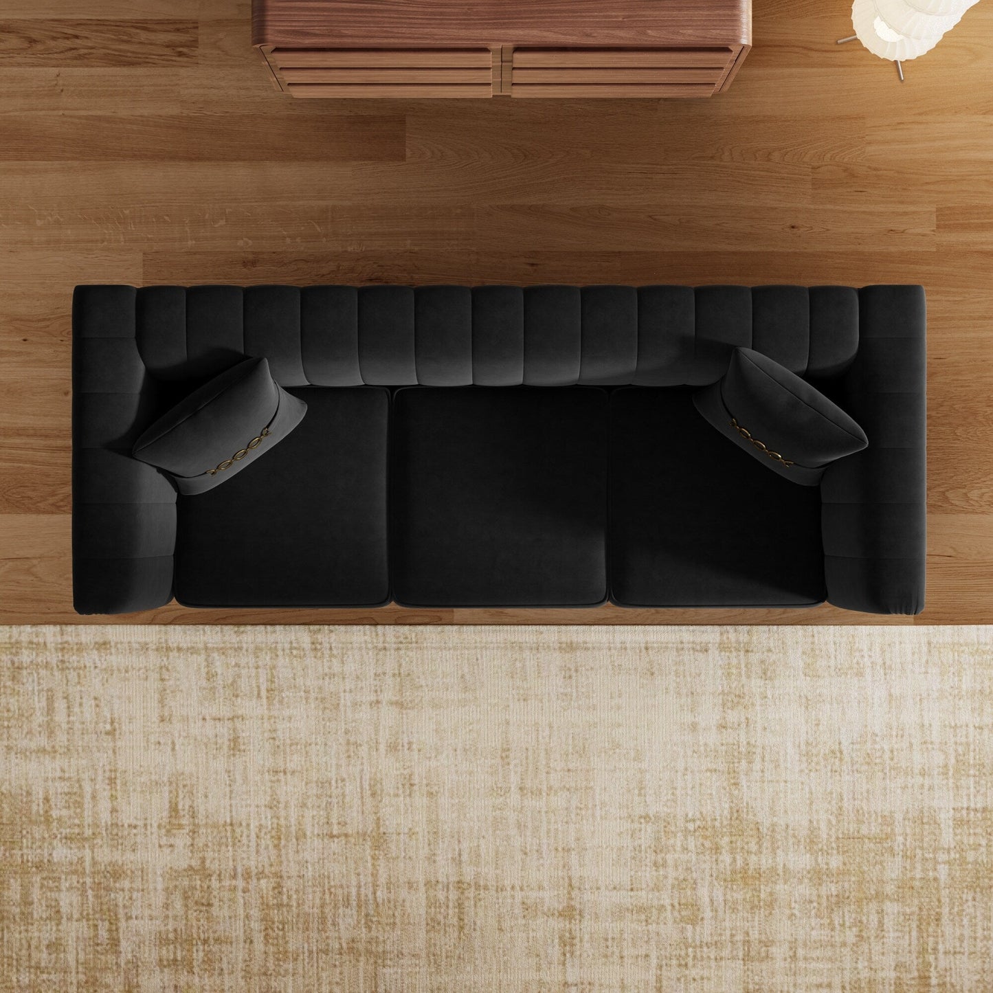 82.67 Modern Velvet 3-Seater Sofa, Vertical Channel Tufted Backrest, Gold Metal Legs, Chesterfield Style