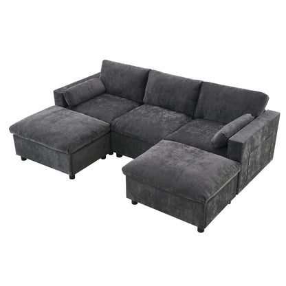 86.5-Inch U-Shaped Chenille Sectional Sofa with Storage Pockets, 2 Movable Ottomans and Throw Pillows for Living Room