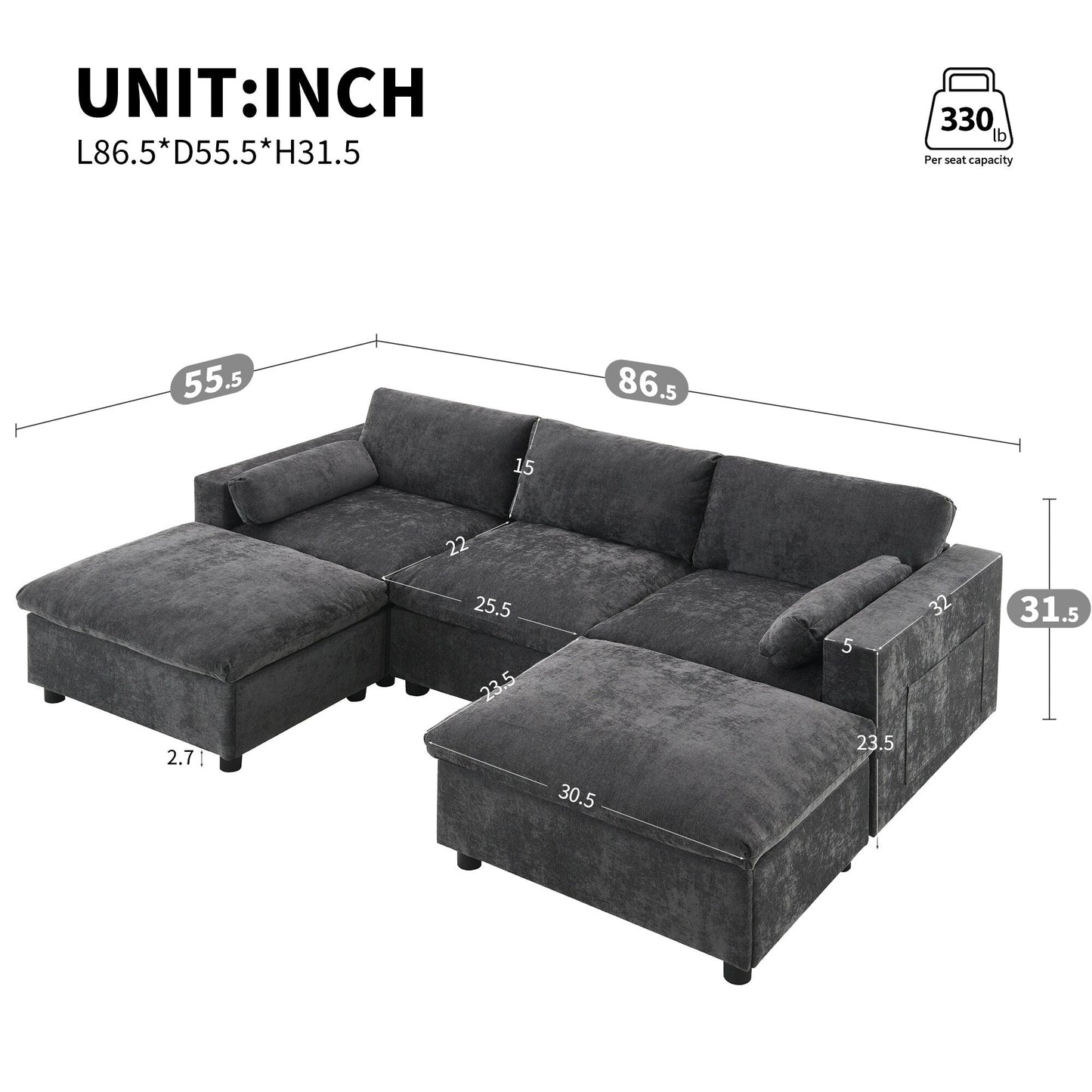 86.5-Inch U-Shaped Chenille Sectional Sofa with Storage Pockets, 2 Movable Ottomans and Throw Pillows for Living Room