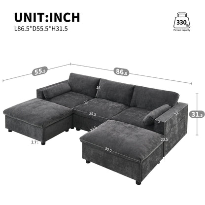86.5-Inch U-Shaped Chenille Sectional Sofa with Storage Pockets, 2 Movable Ottomans and Throw Pillows for Living Room
